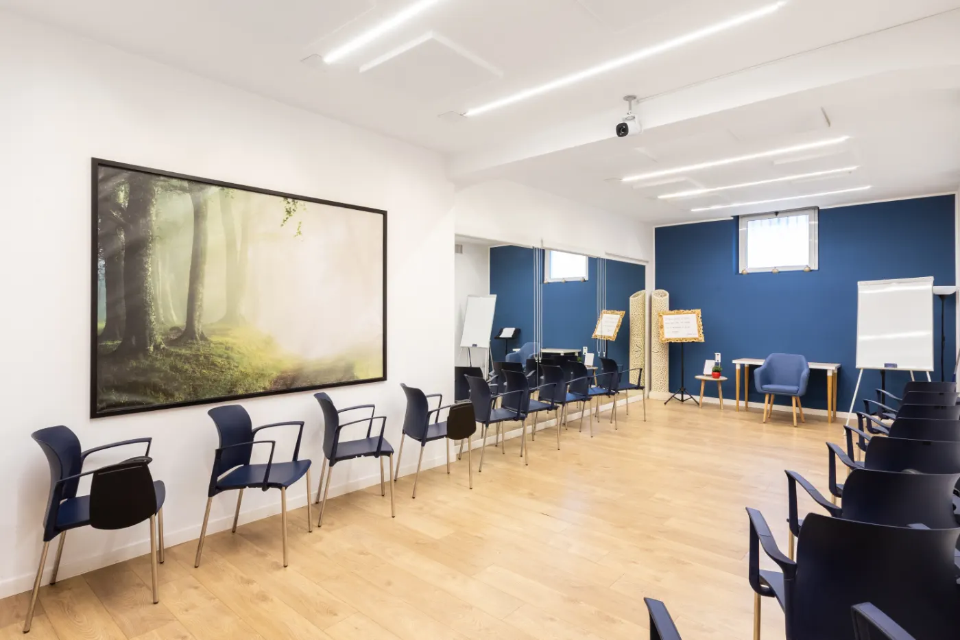 L’aula grande con le sedie disposte lungo le pareti e un quadro di un bosco